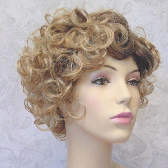 Short Curly Sandy Blonde wDark Roots Synthetic Wig main image 9